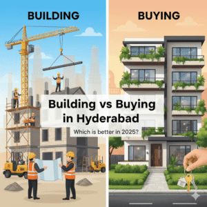 Split image comparing building a house vs buying a house in Hyderabad for 2025.