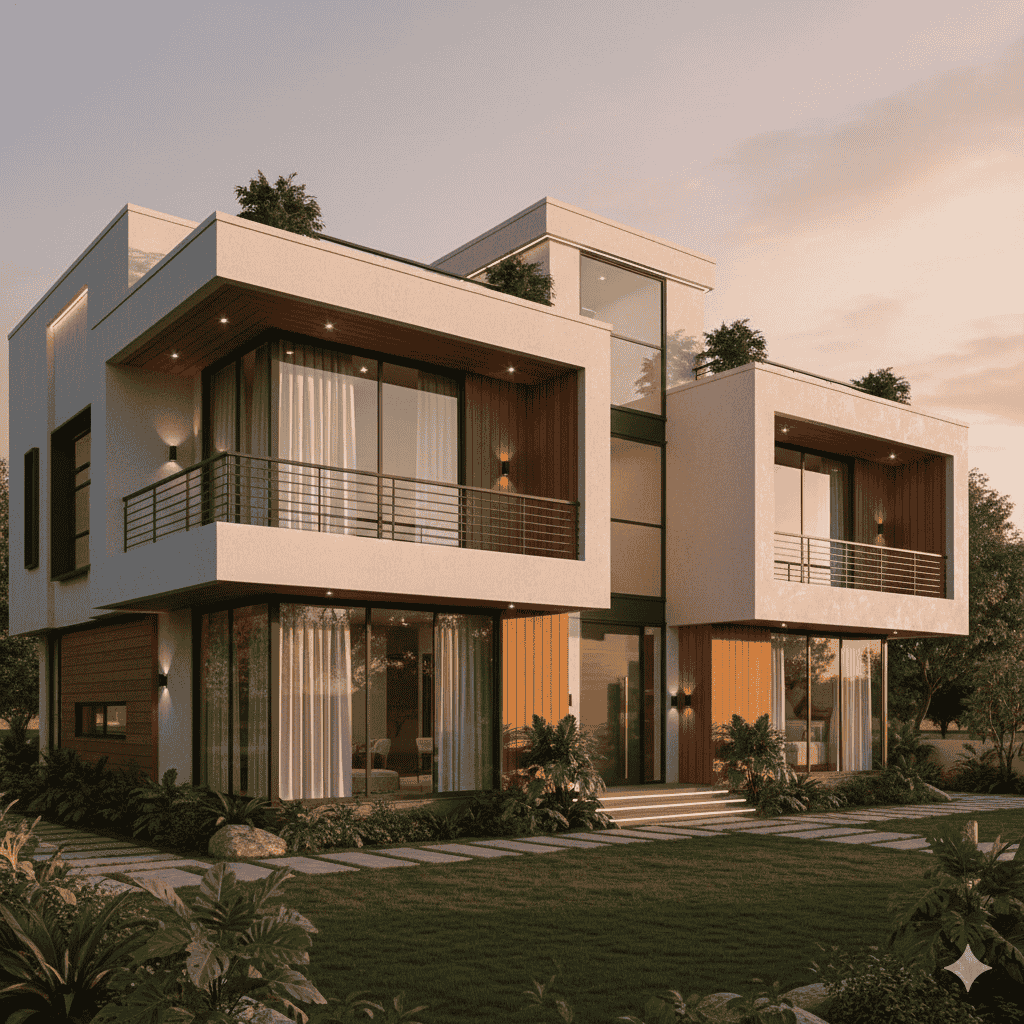 Modern premium duplex home exterior with large windows, clean architectural lines, and landscaped surroundings.