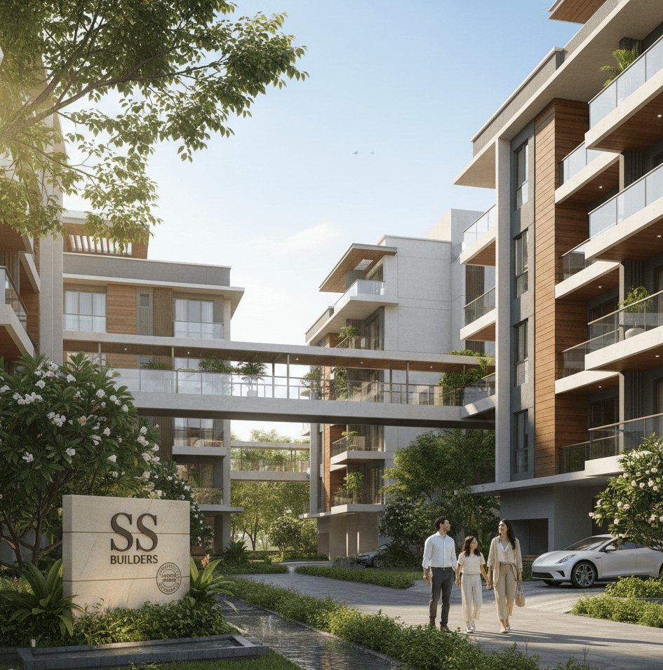 Luxury SS Builders gated community in East Hyderabad with modern apartment buildings.