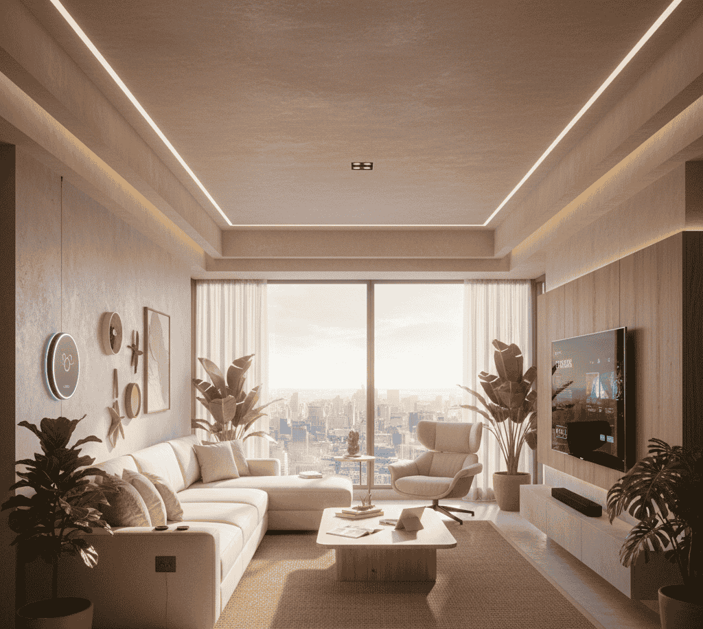 Futuristic smart living room in a Hyderabad apartment with eco-friendly and tech-ready features