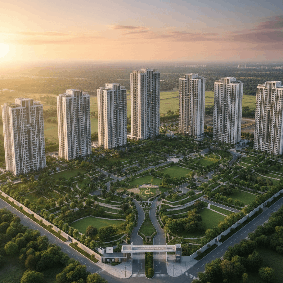 Luxury high-rise residential apartments with landscaped gardens and open green spaces in East Hyderabad