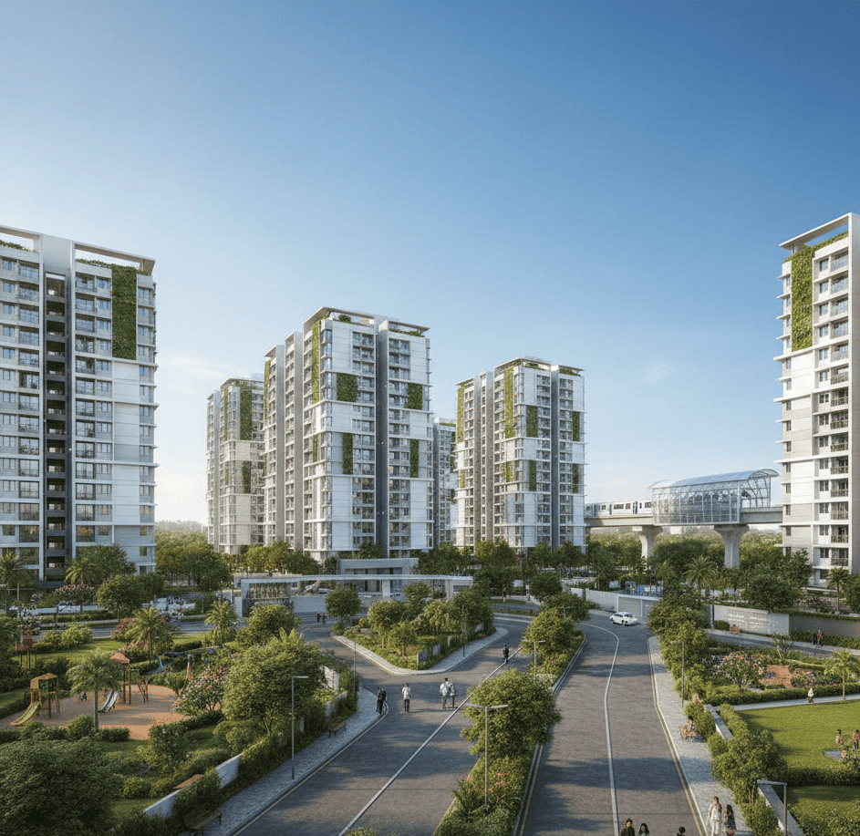 Modern RERA-approved residential apartments in East Hyderabad with landscaped gardens, wide internal roads, and metro connectivity
